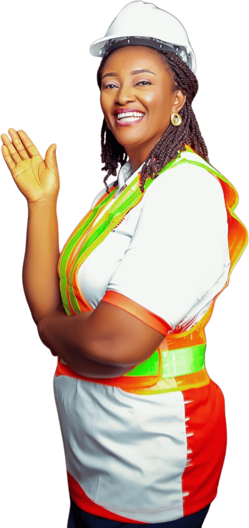 Professional woman in construction gear welcoming clients